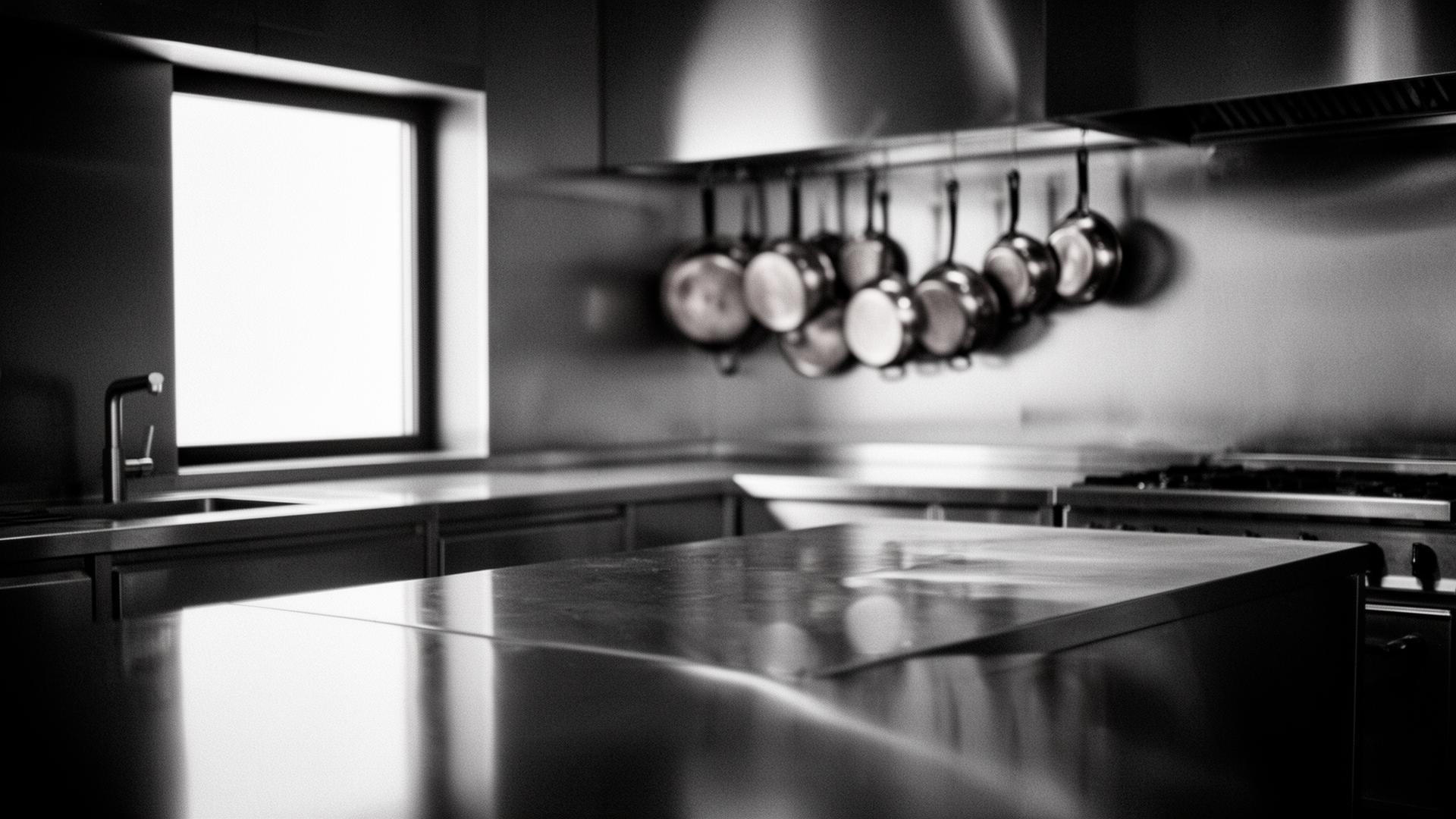 Cozinha profissional minimalista em preto e branco
